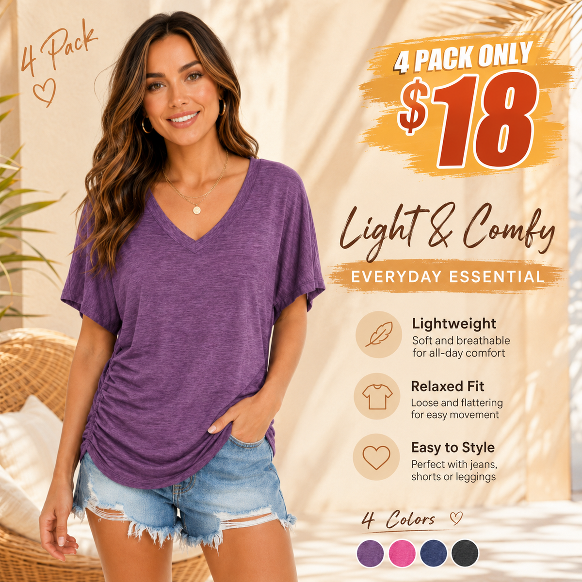 Women’s V Neck Dolman Sleeve Loose Top