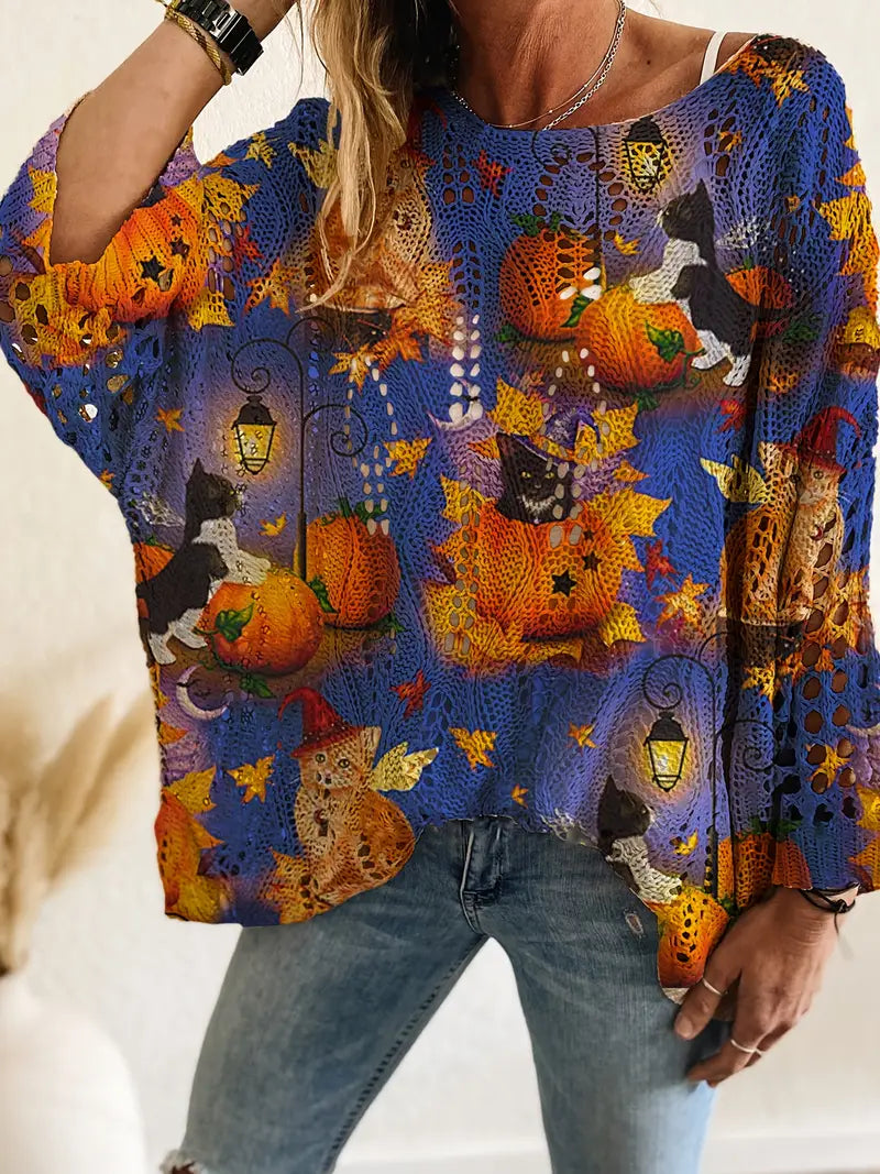Women's Halloween Pumpkin Print Long Sleeve Knit Top