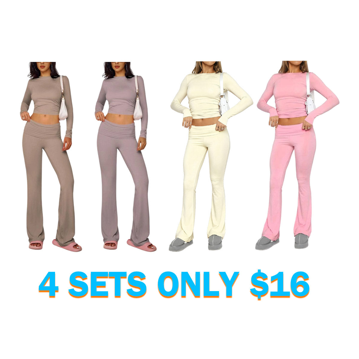 Women's Solid Long Sleeve Crop Tee & Flare Leg Skinny Pants Loungewear Set