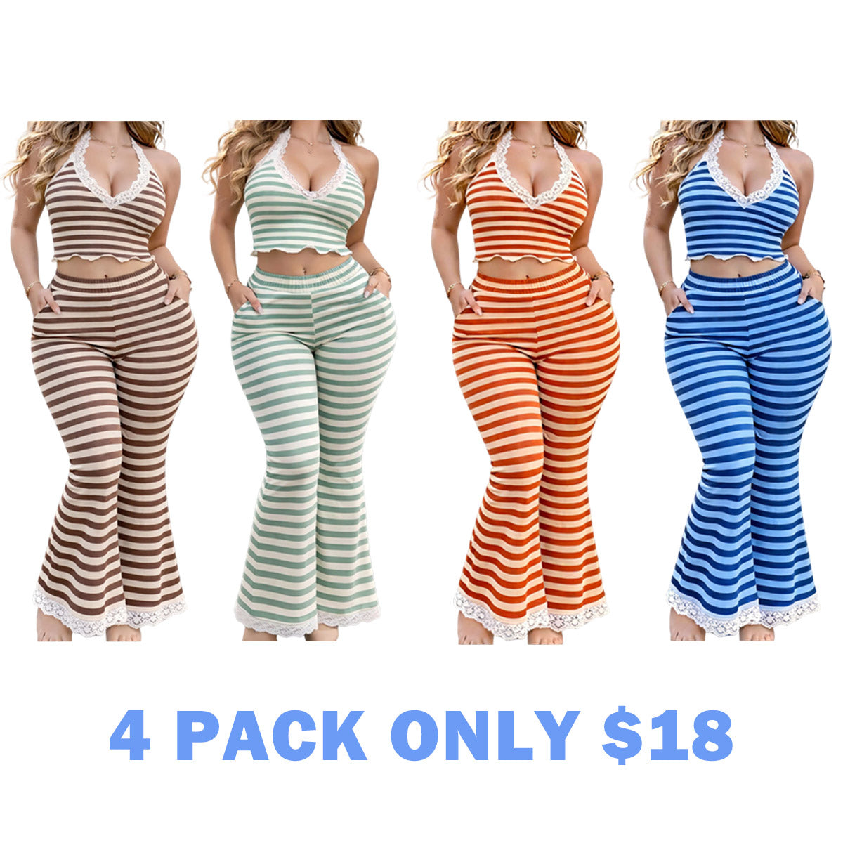 2pcs Women's Off Shoulder Top & Pants Striped Set