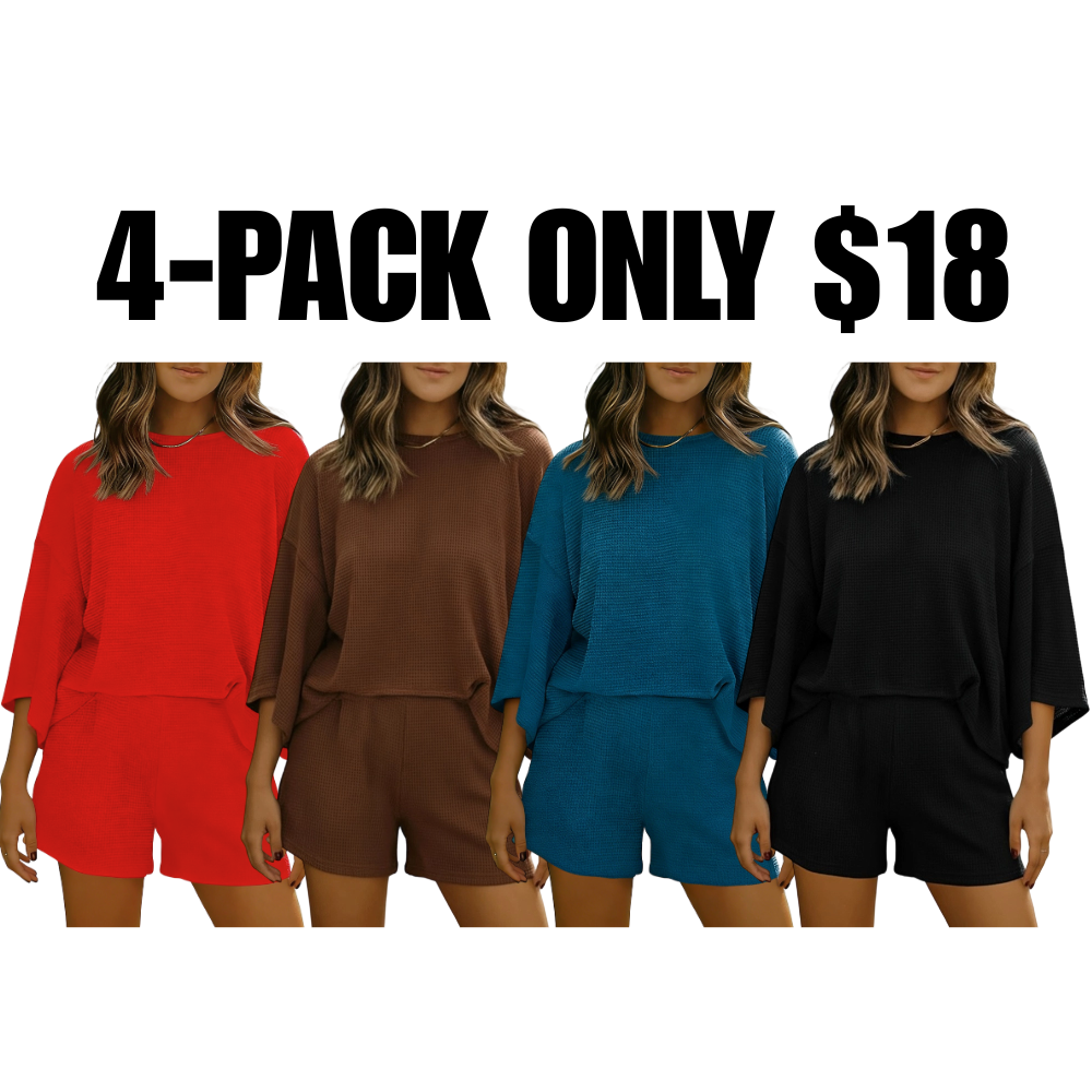 Womens Short Sets 2 Piece Sleeve Tops and Elastic Waist Shorts
