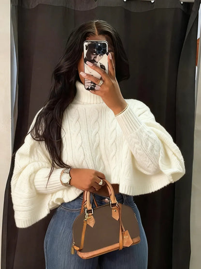 Women's Textured Split Sleeve Turtle Neck Cropped Sweater
