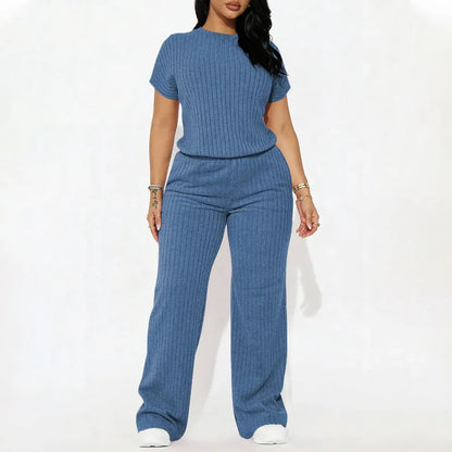 Women's Solid Shortsleeve Crewneck Ribbed Top & Wide Leg Pants