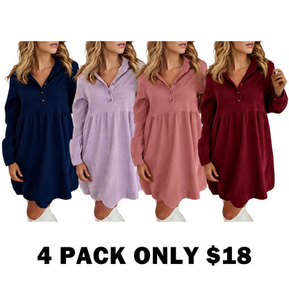 Women's Corduroy Half Button Collared Mini Dress with Pocket