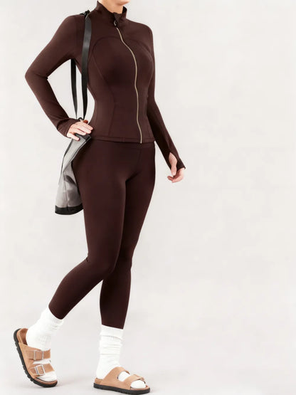 Solid Zip Up Jacket & High Waist Leggings Tracksuit Set