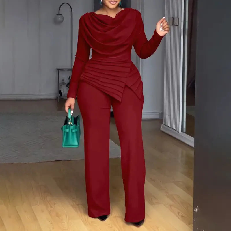 Cowl Neck Asymmetrical Patchwork Ruched Jumpsuit