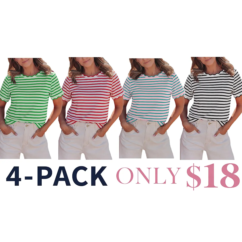 Women's Top Stripe Scalloped Trim Round Neck T Shirt