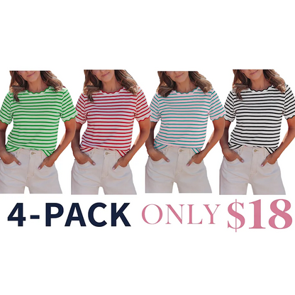 Women's Top Stripe Scalloped Trim Round Neck T Shirt