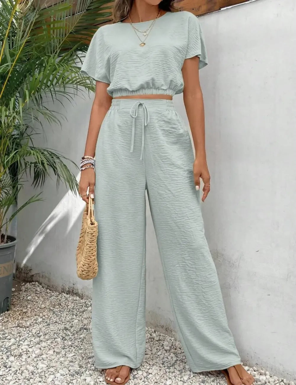 Women's Solid Color Top & Wide Leg Pants Two-piece