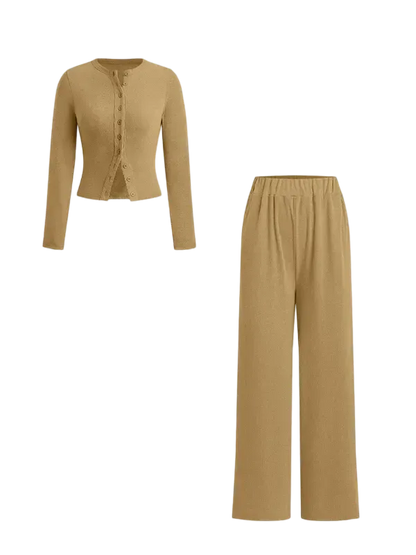Two-piece Set Women's Solid Button Front Ribbed Crop Top & Elastic Waist Pants