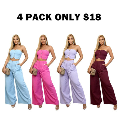 Women's Strapless Crop Top & Wide Leg Pants 2 Piece Set