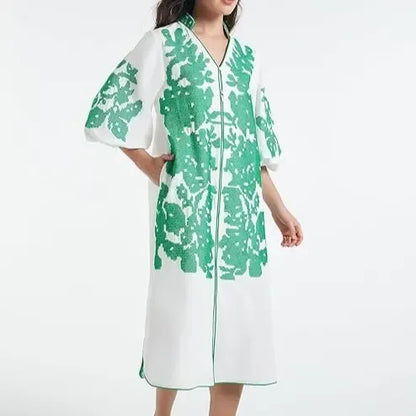 Women Casual V-Neck Mid Dress Floral Embroidery 3/4 Sleeves