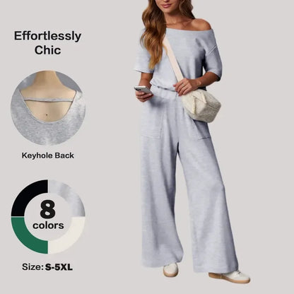 Women's Heather Off-Shoulder Wide Leg Jumpsuit