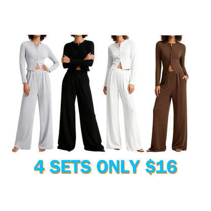 Women's Solid Button Front Ribbed Crop Top & Elastic Waist Pants 2 Piece Set