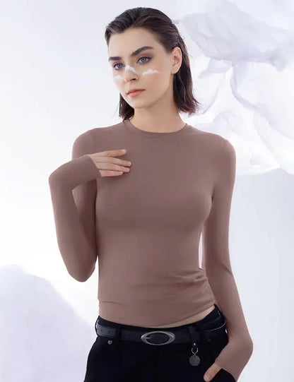 Long Sleeve Basic Tee Women's Crew Neck Slim Fit Tops Streetwear Minimalist Double Layer Compression Tee