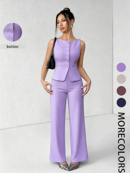 Women's Solid Button Front Tank Top & Wide Leg Pants Set