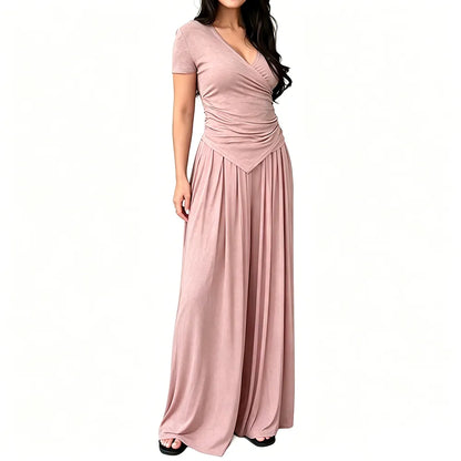 V Neck Wrap Top & High Waist Wide Leg Pants Set