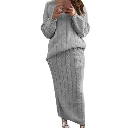 Women's Winter Chunky Cable Knit Long Skirt 2 Piece Sweater Sets