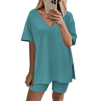 Women's Two-Piece Pajama Set Casual Oversized V Neck Split Hem Shirts