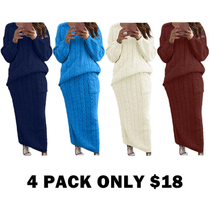 Women's Winter Chunky Cable Knit Long Skirt 2 Piece Sweater Sets