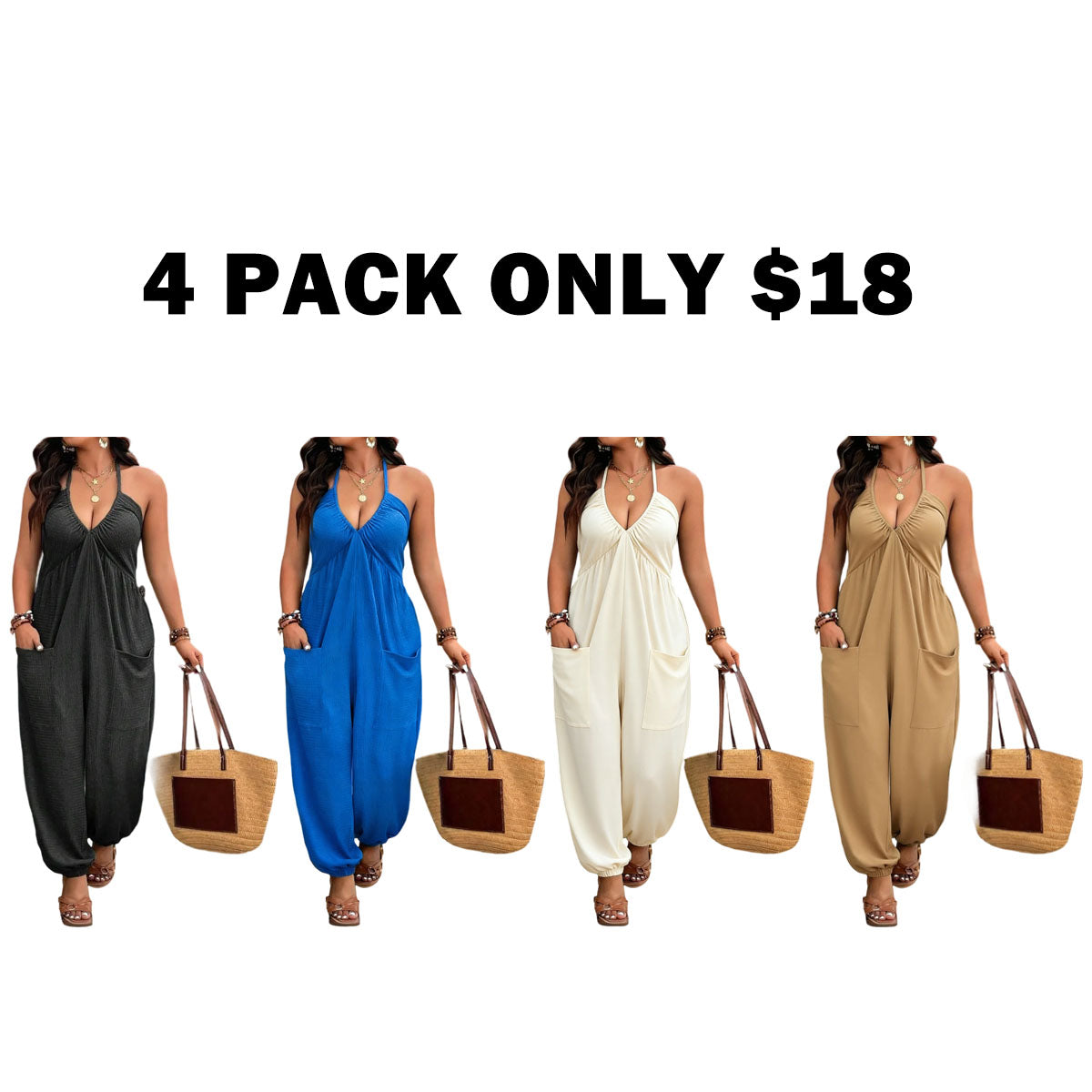 【Plus Size】 Solid Color Pocket Jumpsuit