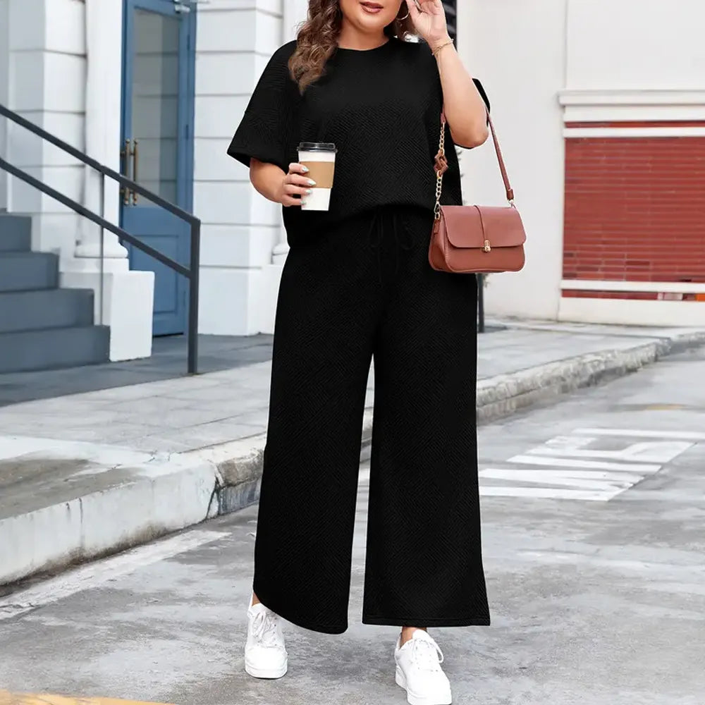 Women's Plus Size Short Sleeve Top & High Waist Wide Leg Pants 2-Piece Lounge Set