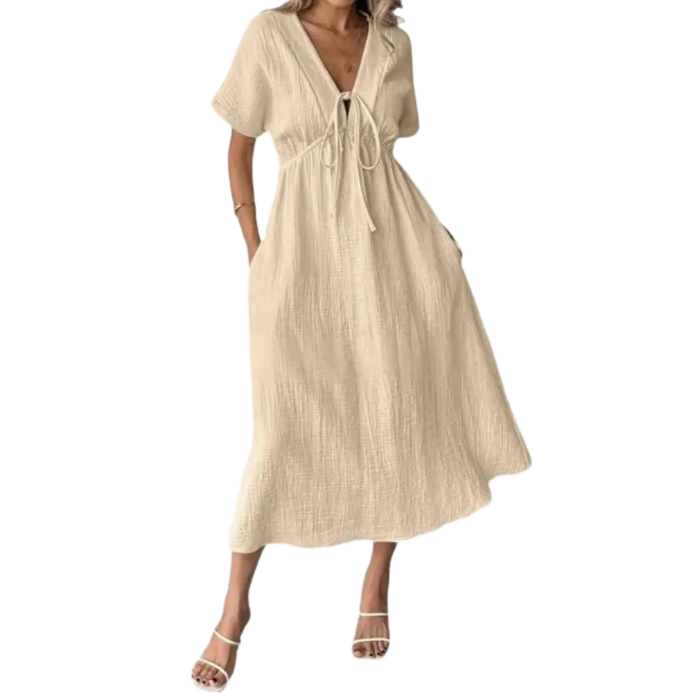 Women's Summer Solid Color V-Neck Cotton Dress