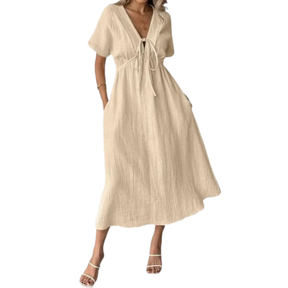 Women's Summer Solid Color V-Neck Cotton Dress