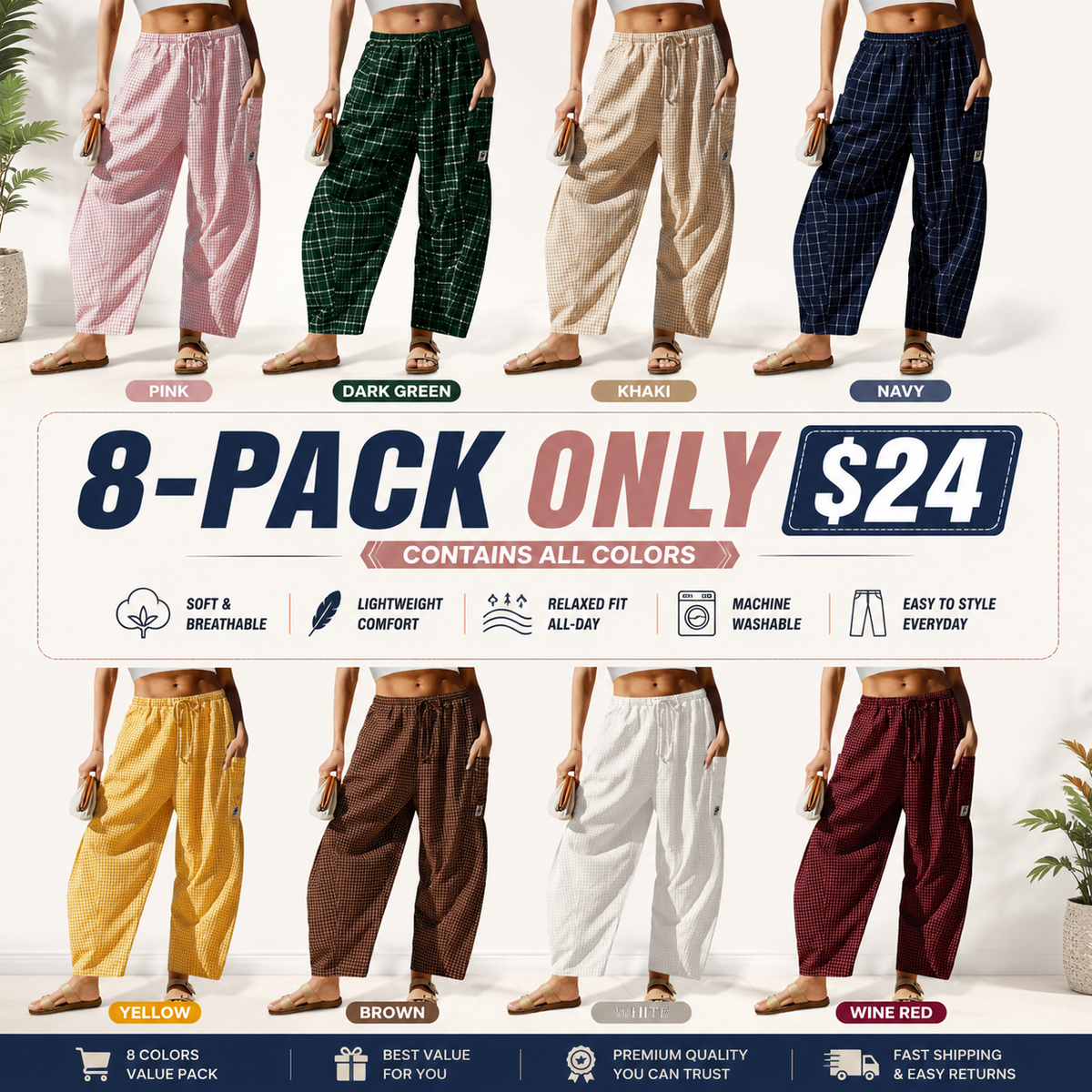 Womens Wide Leg Gingham Striped Plaid Pants
