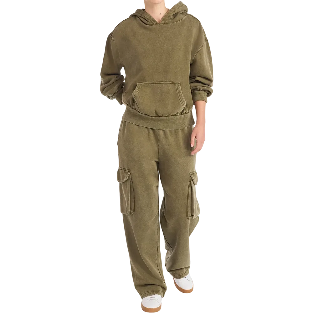 Mineral Washed Oversized Cropped Hoodie + Wide Leg Cargo Sweatpants