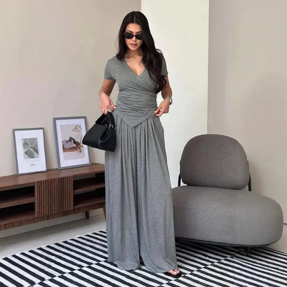 V Neck Wrap Top & High Waist Wide Leg Pants Set