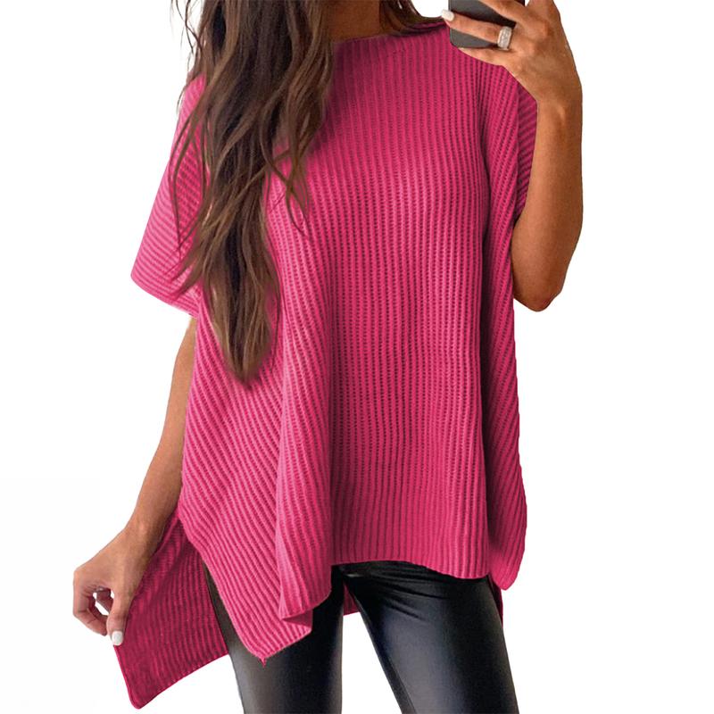 Women’s Oversized Knit Top – Casual Crew Neck Short Sleeve Sweater with Side Slit