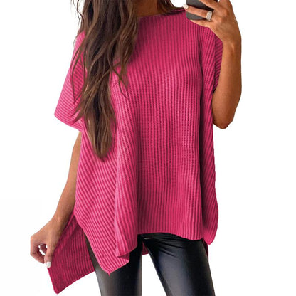 Women’s Oversized Knit Top – Casual Crew Neck Short Sleeve Sweater with Side Slit