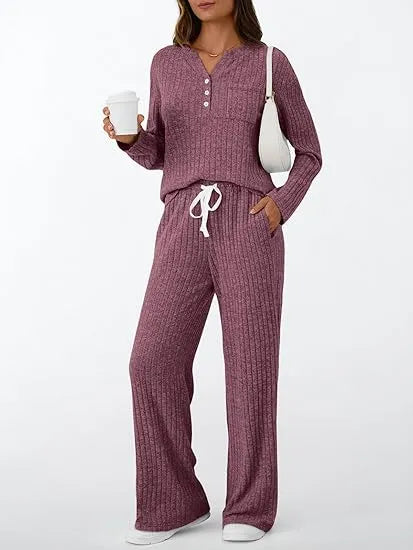 Womens 2 Piece Lounge Sets Fall Outfits Henley Neck Sweater 2025 Matching Sweat Suits Comfy Pajamas Clothes Pockets