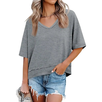 Womens Summer V Neck T Shirts Casual Short Sleeve Flowy Tops Cute Loose Fit