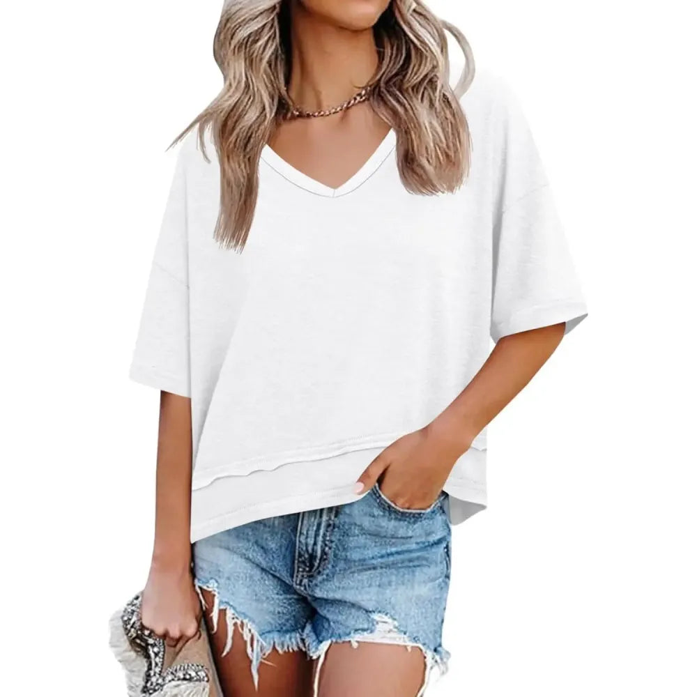 Womens Summer V Neck T Shirts Casual Short Sleeve Flowy Tops Cute Loose Fit