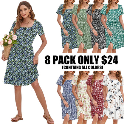 Women Square Neck Ditsy Floral Dress, Ruffle Empire Waist A-Line Sundress With Pockets