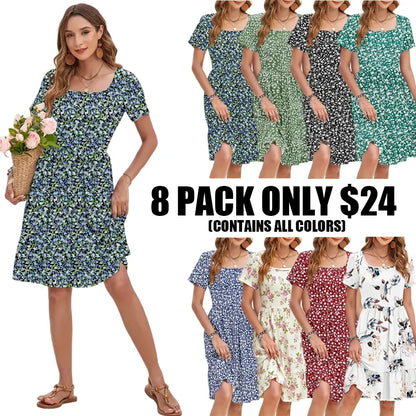 Women Square Neck Ditsy Floral Dress, Ruffle Empire Waist A-Line Sundress With Pockets