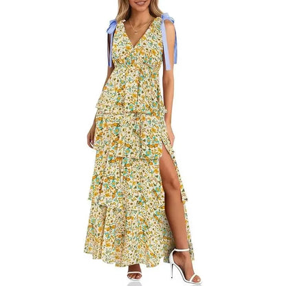 Dress Tie Strap Sleeveless V Neck High
