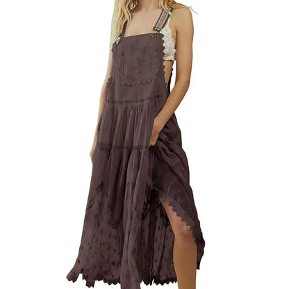 Laced Embroidered Tulle Bib Dress Casual Loose