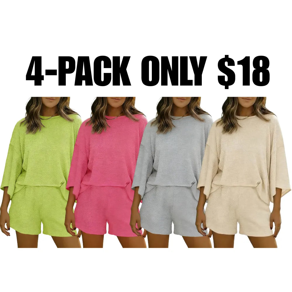 Womens Short Sets 2 Piece Sleeve Tops and Elastic Waist Shorts