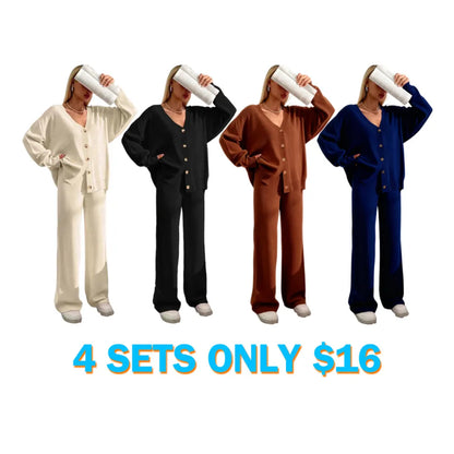 Women's Solid V Neck Cardigan & Elastic Waist Wide Leg Pants Two-piece Set