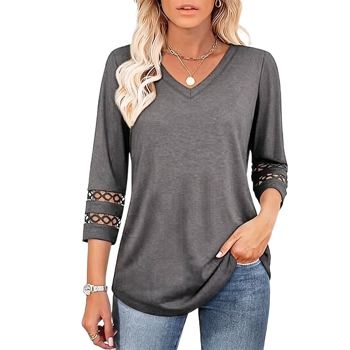 Summer Sale👗Womens 3/4 Length Sleeve Tops Trendy V Neck T Shirts