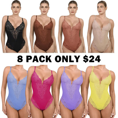 Deep-V Neck Lace Bodysuits