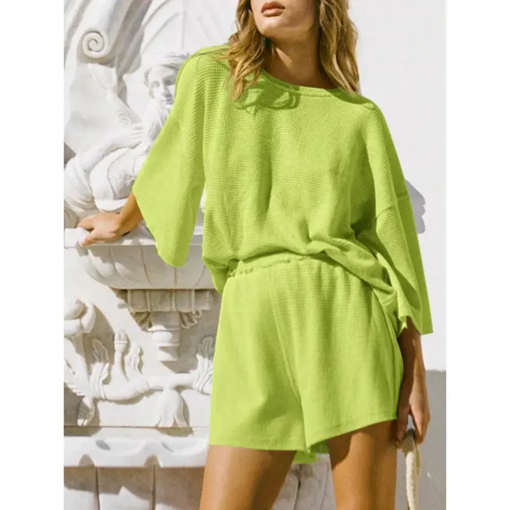 Womens Short Sets 2 Piece Sleeve Tops and Elastic Waist Shorts