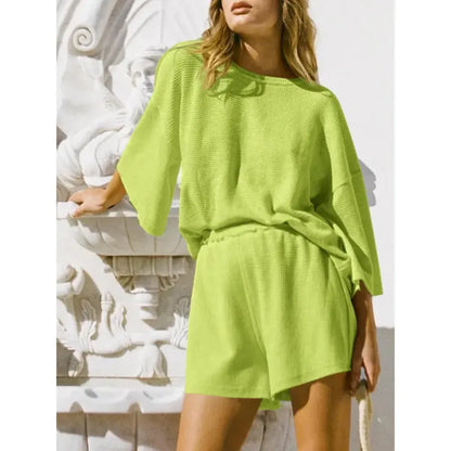 Womens Short Sets 2 Piece Sleeve Tops and Elastic Waist Shorts