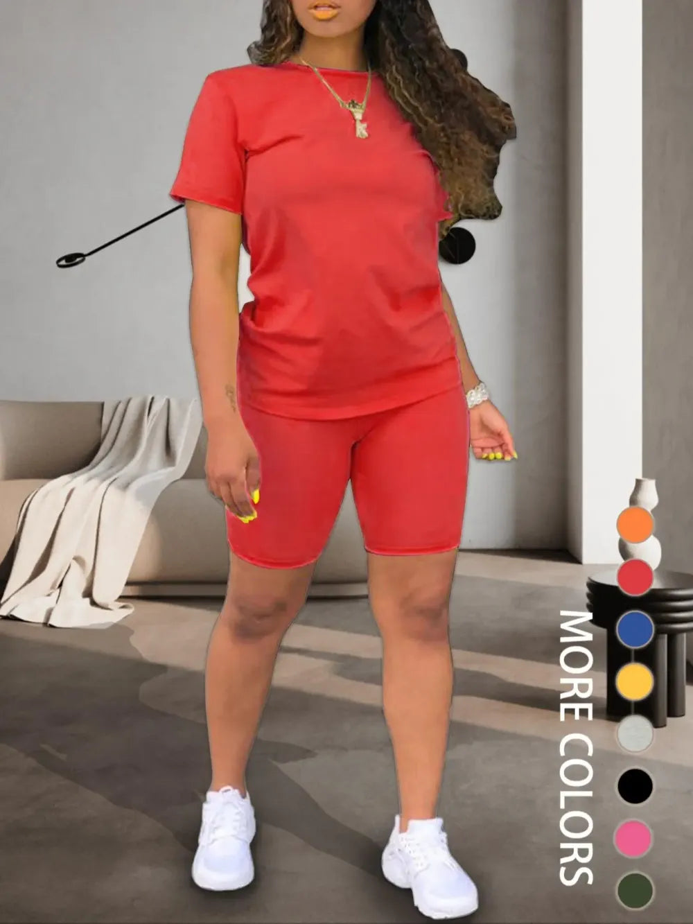 Two-piece Set Women's Fitted Plain Round Neck Tee & Skinny Shorts Set