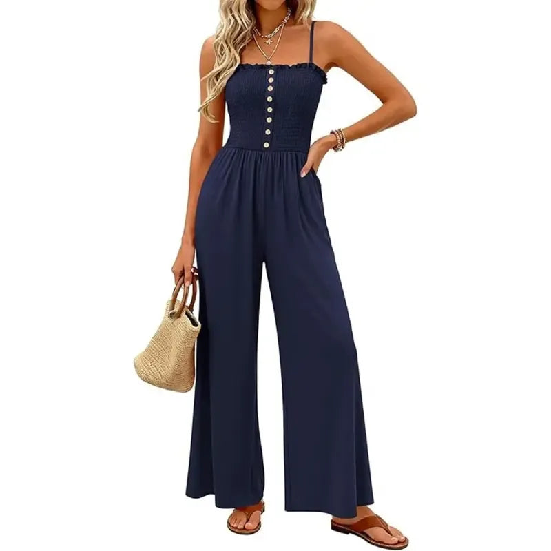 Jumpsuits for Women Summer Sleeveless Smocked Button Wide Leg Rompers