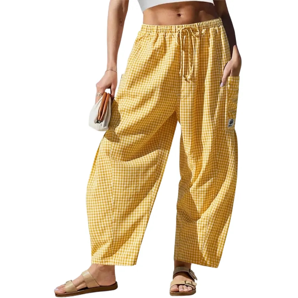 Womens Wide Leg Gingham Striped Plaid Pants