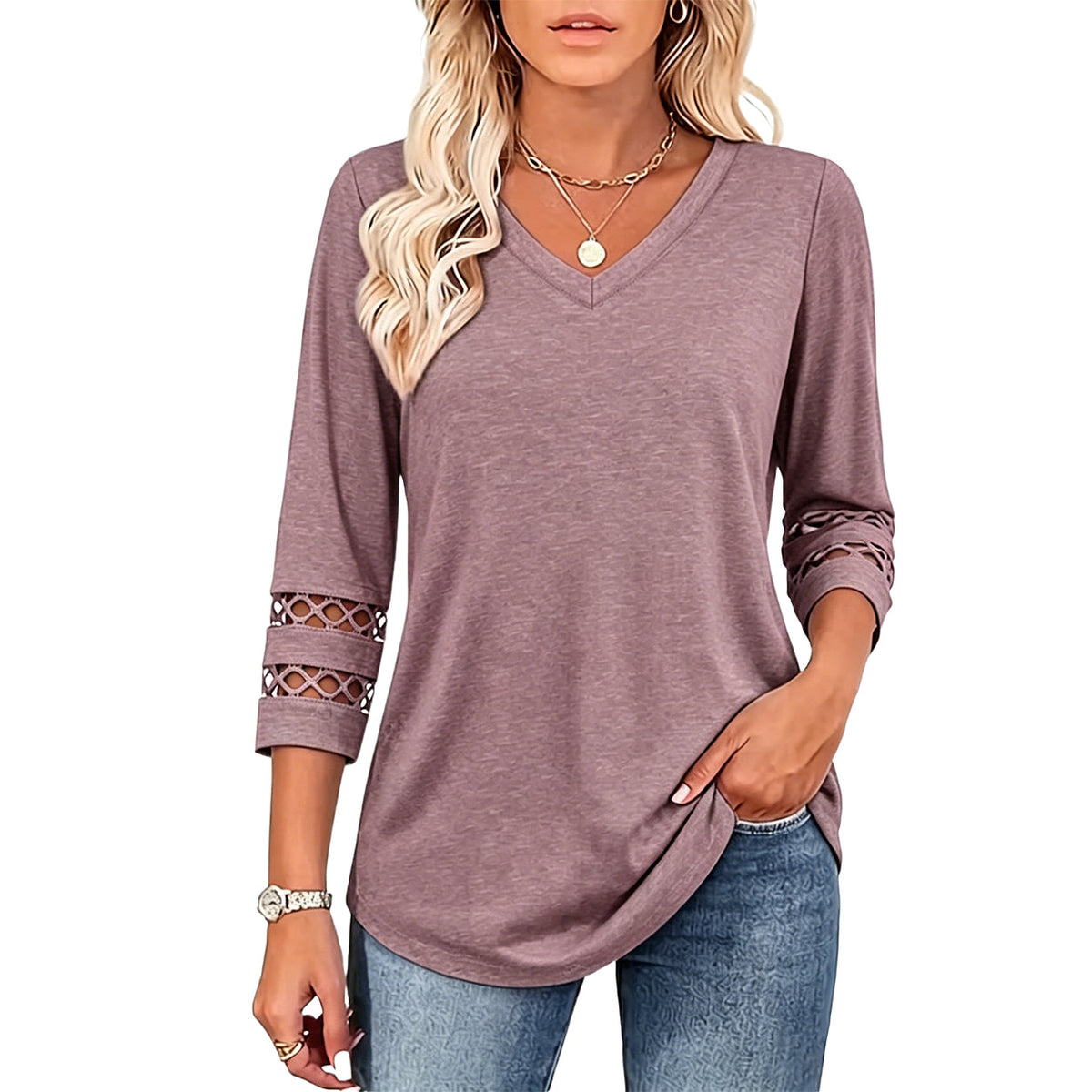 Summer Sale👗Womens 3/4 Length Sleeve Tops Trendy V Neck T Shirts